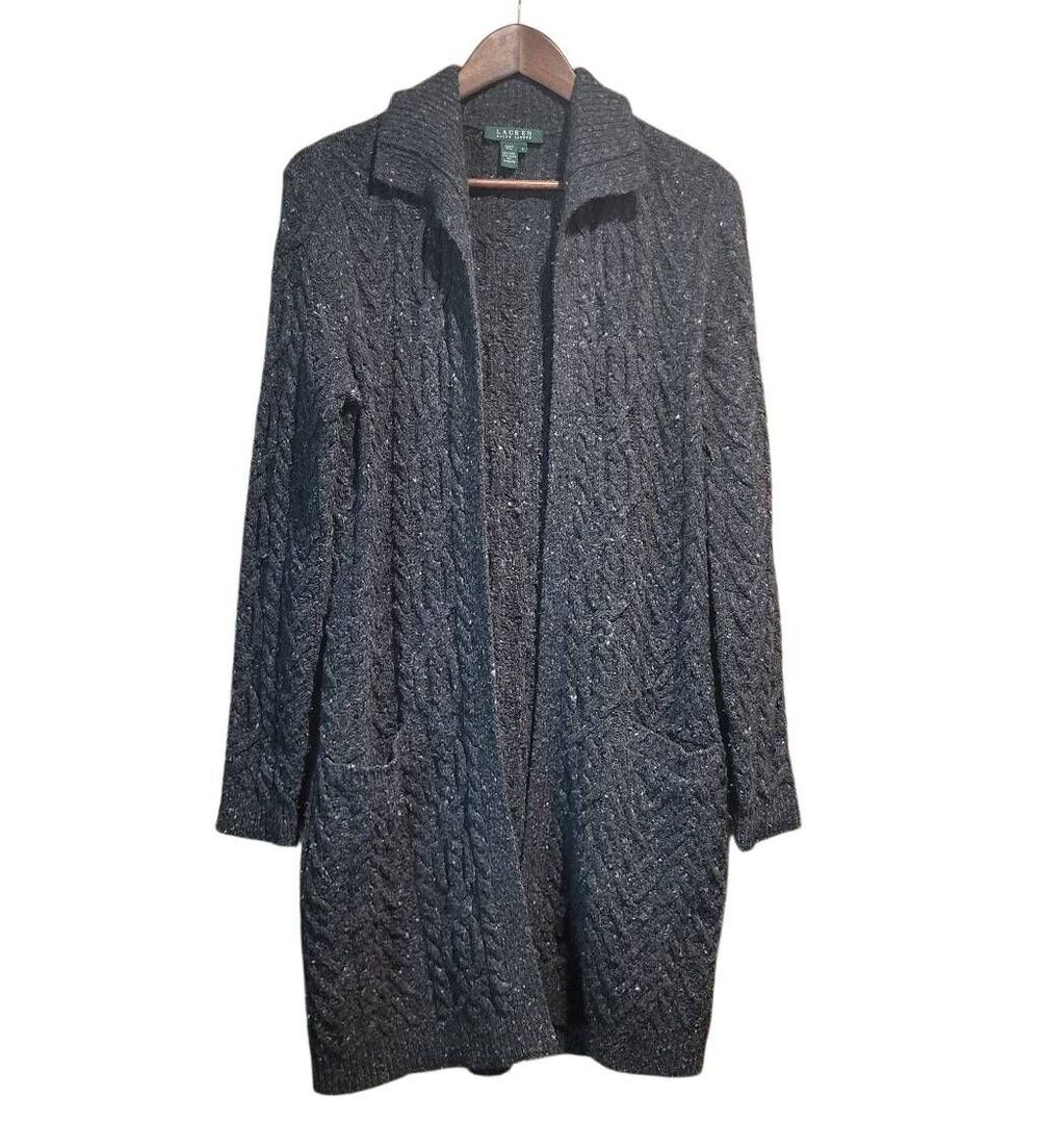 Ralph Lauren Cardigan Sweater Women's Small Grey Cable Knit Wool Blend Long